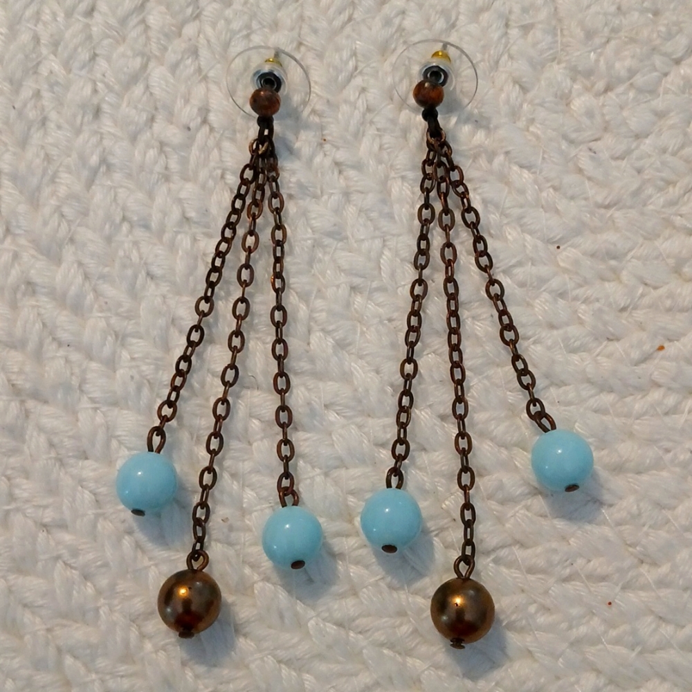 Dangle Post Earrings 3" Oiled Bronze Chains with Beads
